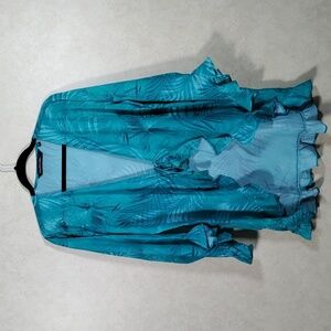 2/$10 05199 Colleen Lopez teal green leaf print sheer ruffle jacket L NEW
